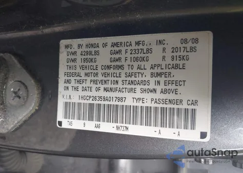 2009 Honda Accord 2.4 Lx z USA, uszkodzony, nr VIN 1HGCP26359A017987